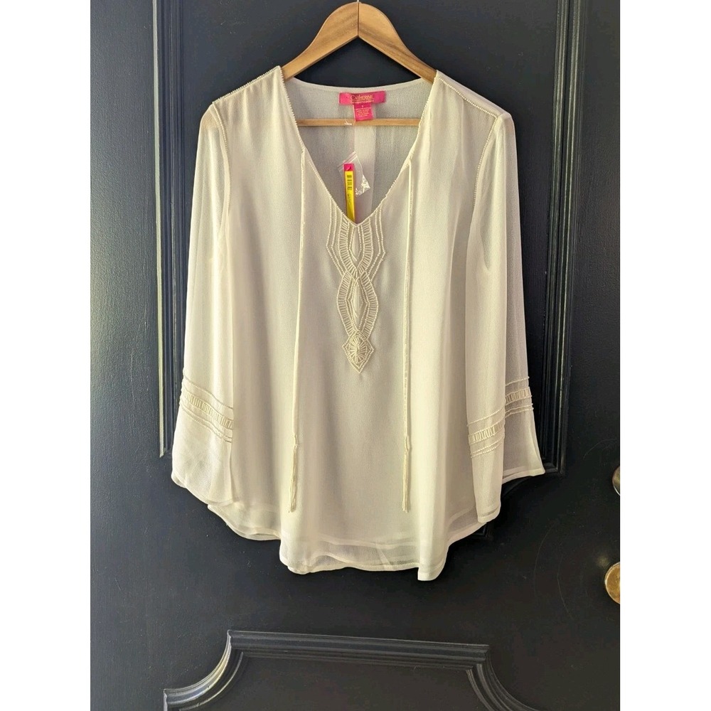 Catherine Malandrino Blouse Ivory Beaded V-Neck Bell Sleeve S Boho Chic Elegant